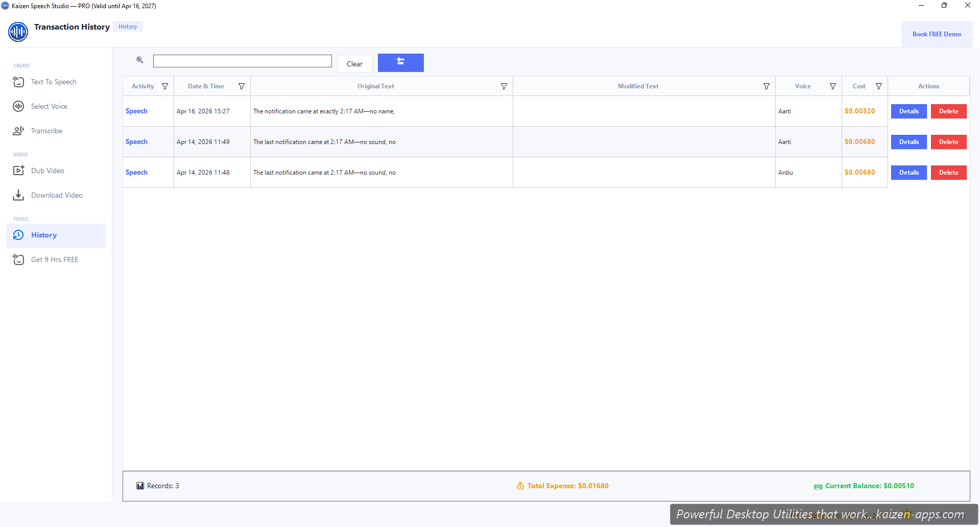 History grid with transactions, costs, voice, language, timestamp