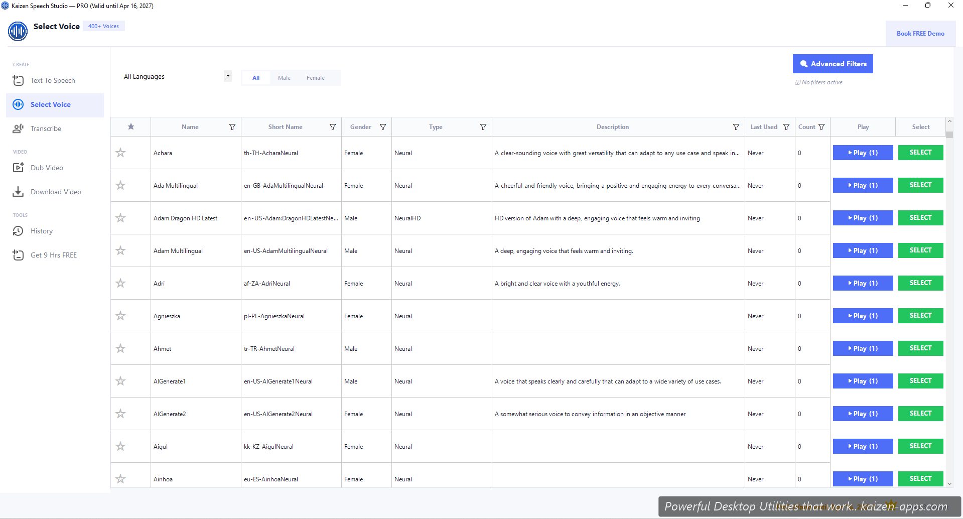 Voice picker grid with filter options and play-sample buttons