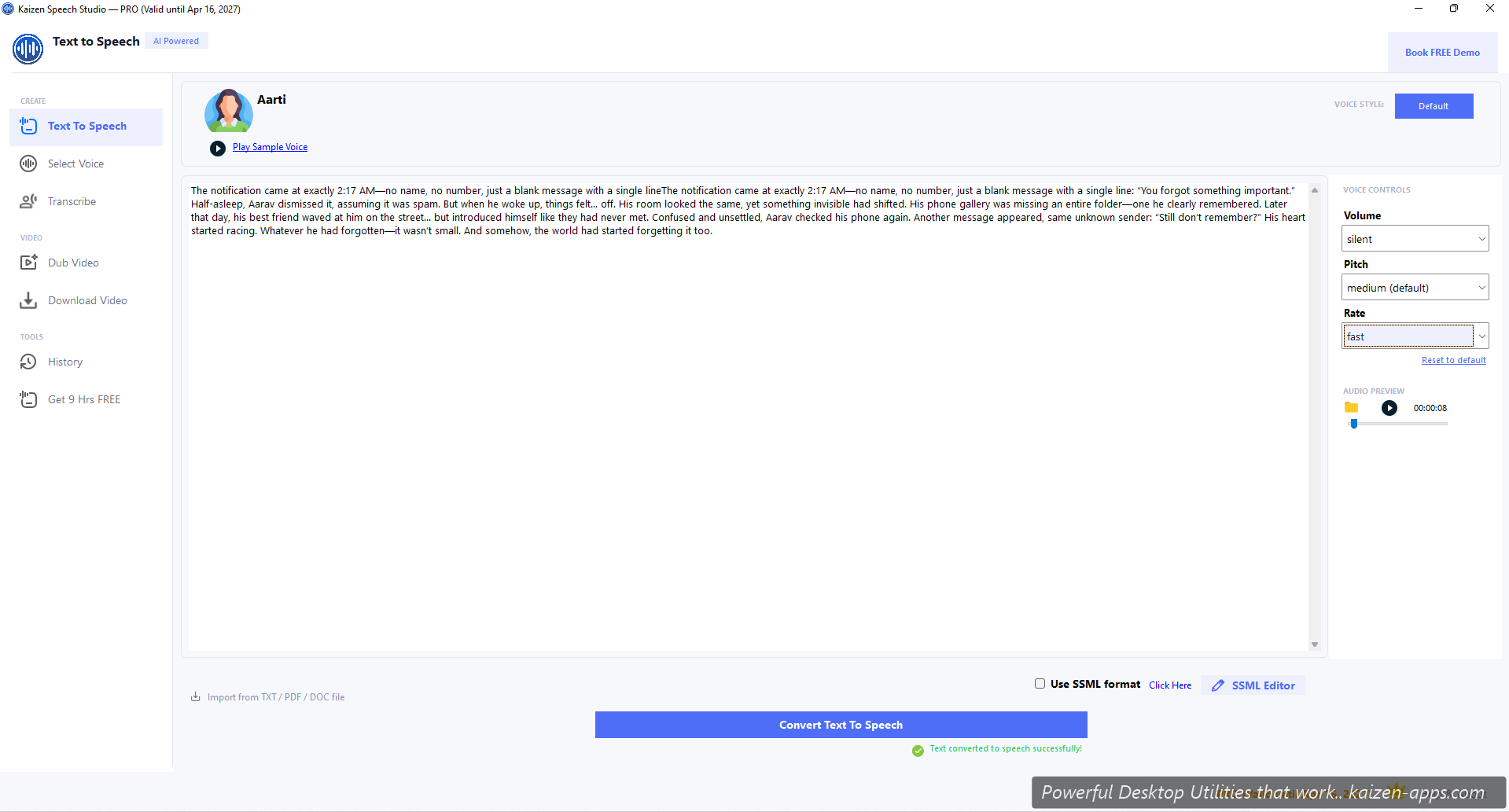 Text-to-Speech panel with sample text, voice selector, and audio player