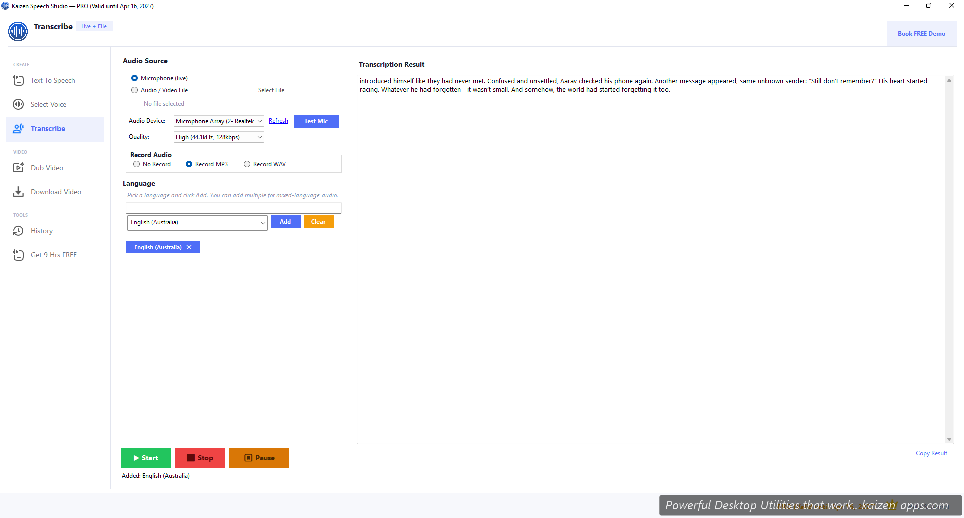 Transcribe UI with microphone/file toggle, quality selector, language dropdown