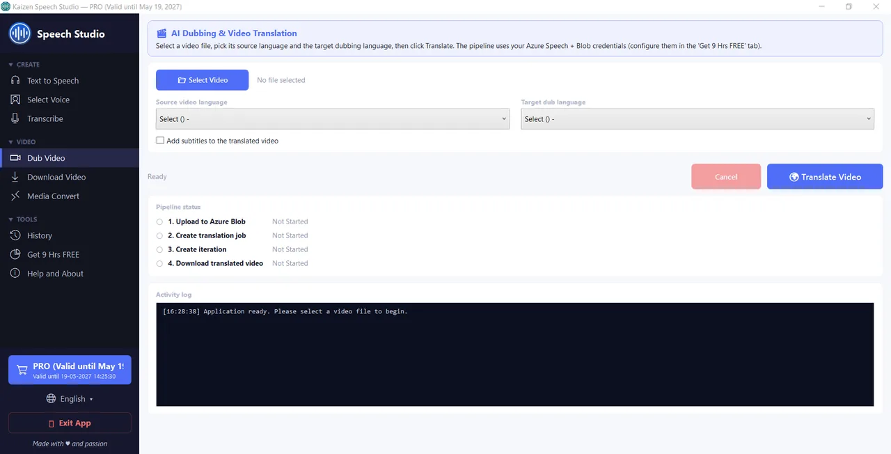 AI Dubbing with source and target language selection and a progress tracker