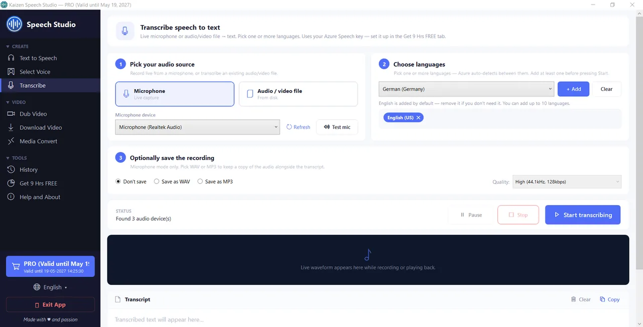 Transcribe panel with live microphone mode, waveform and language selector