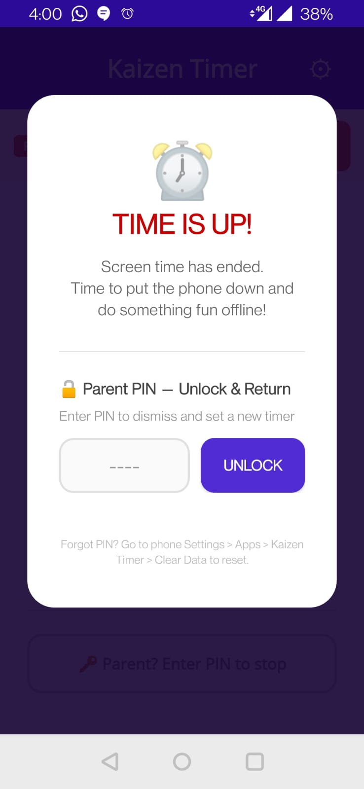 Time's up lock screen with SOS extend button and PIN entry