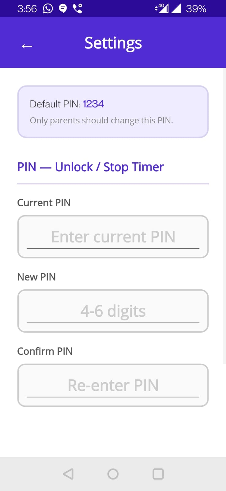 Settings screen with Current PIN, New PIN, Confirm PIN fields
