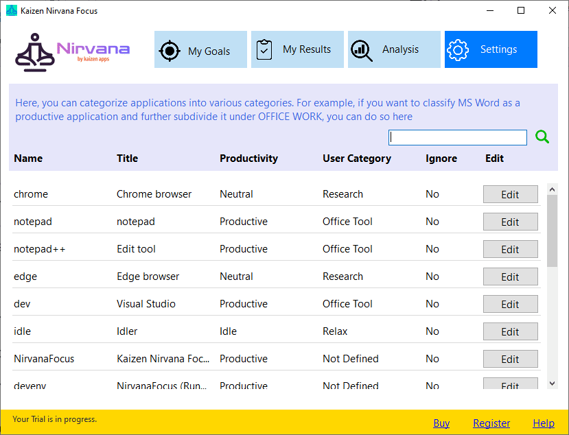 Nirvana Settings Screenshot